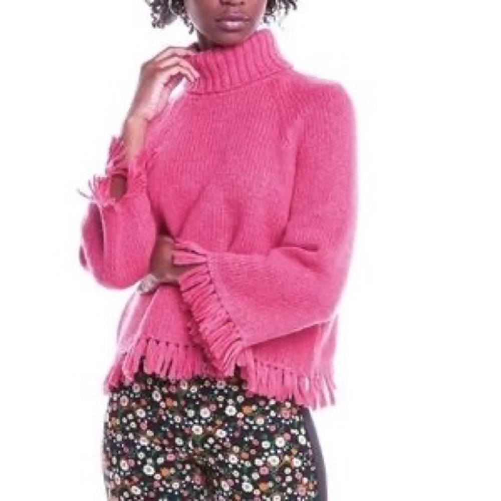 Tory Burch Hot Pink Tassel Turtleneck Sweater 3/4 Sleeve Size S
